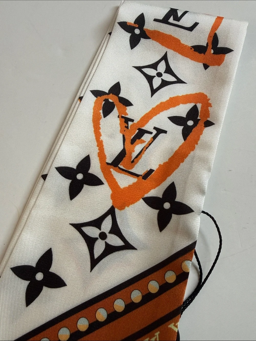 White & Orange Monogram Silk Scarf/Twilly
